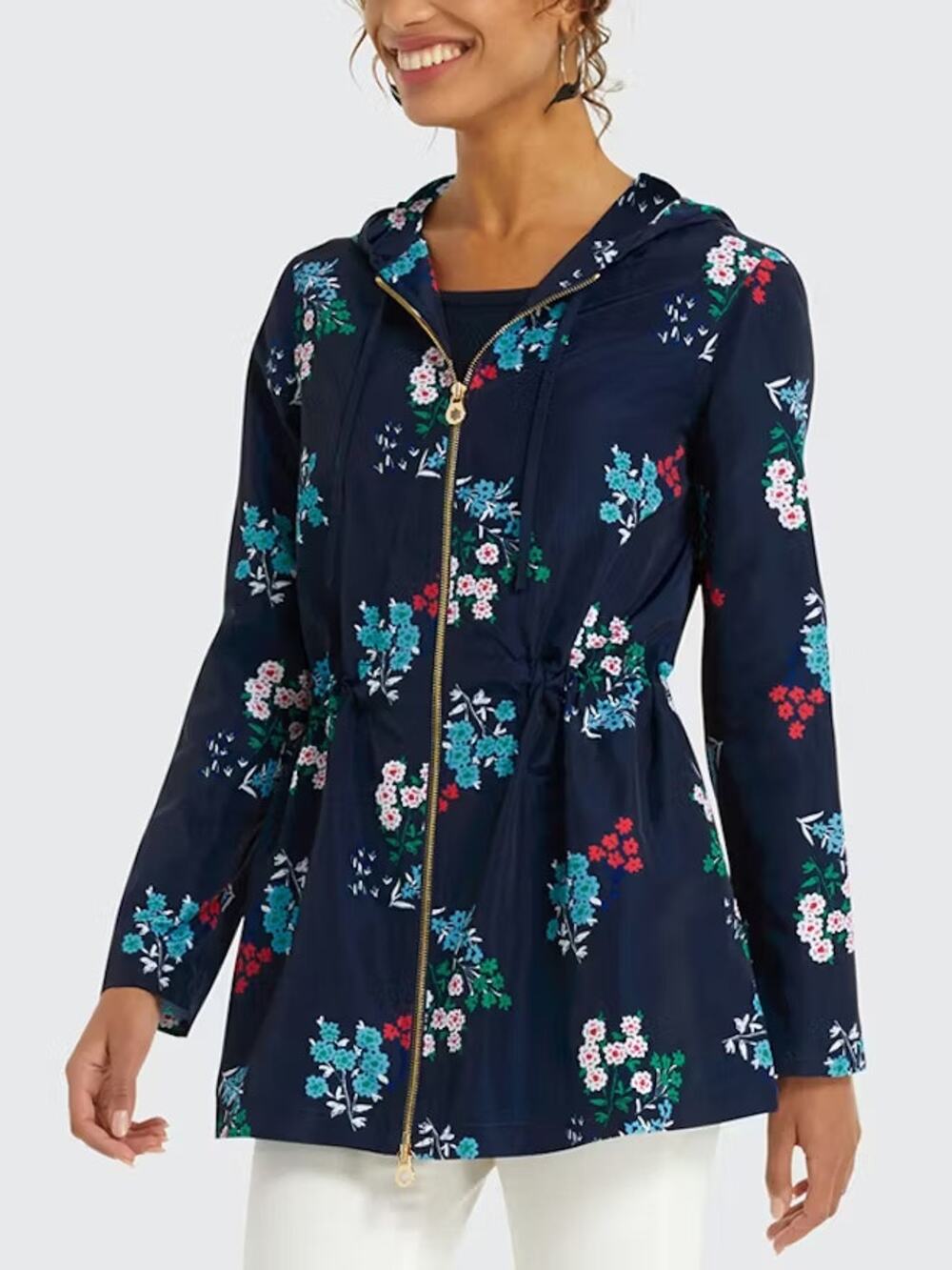 Draper James Floral Hooded Rain Coat Navy Floral Sz 10